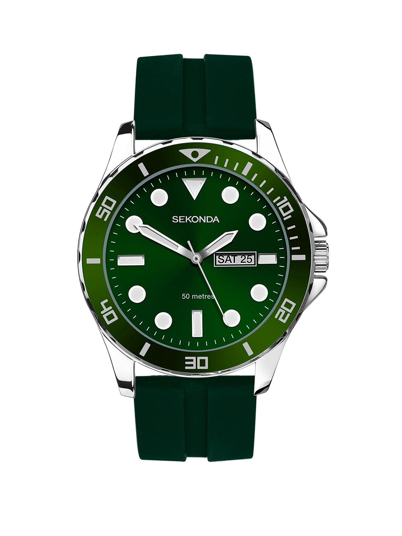 Product photograph of Sekonda Mens Green Rubber Strap Analogue Watch from very.co.uk