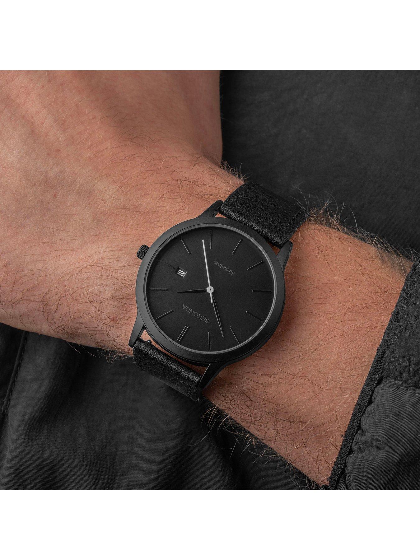 Black leather band clearance watches