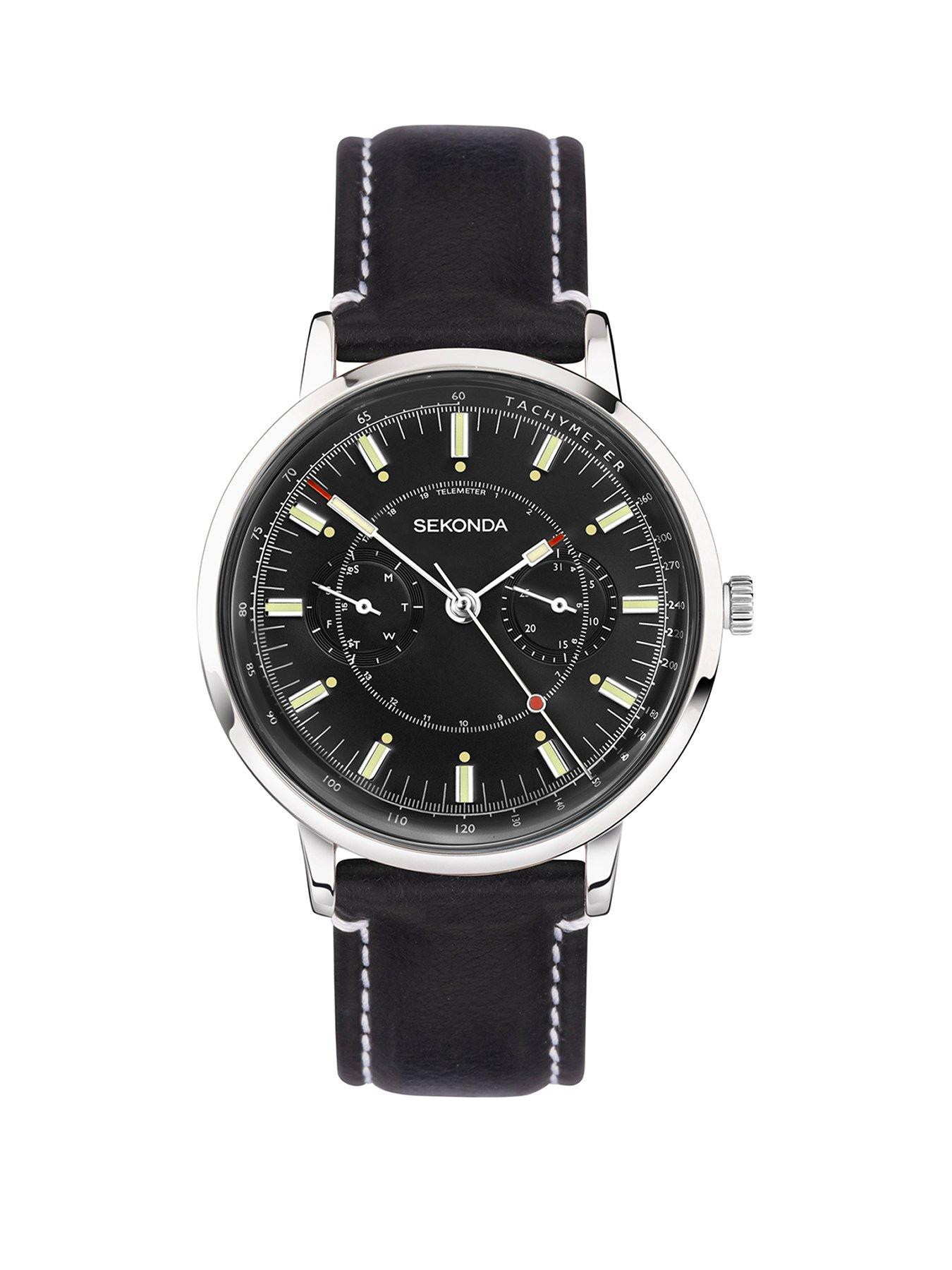 Product photograph of Sekonda Mens Black Leather Strap Analogue Watch from very.co.uk