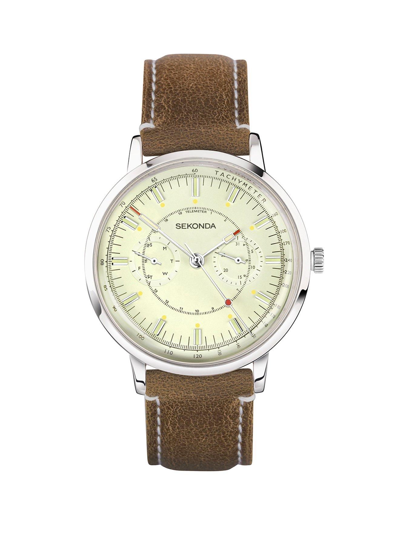 Product photograph of Sekonda Mens Brown Leather Strap Analogue Watch from very.co.uk
