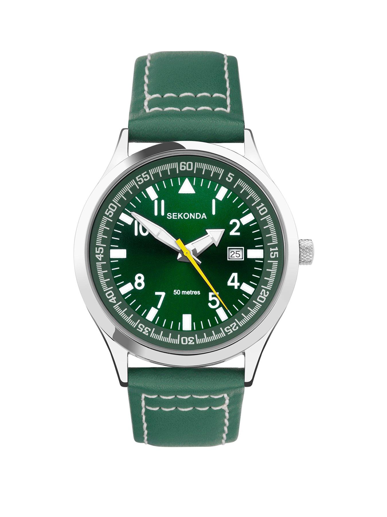 Product photograph of Sekonda Mens Green Leather Strap Analogue Watch from very.co.uk
