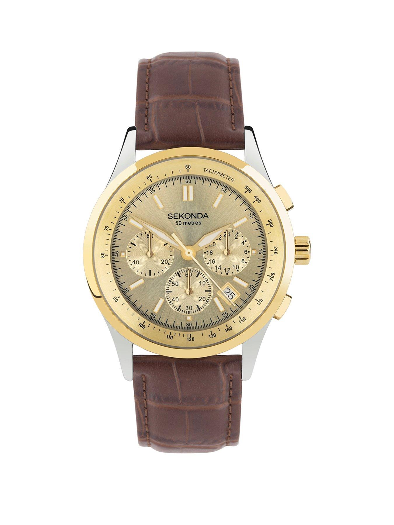 Product photograph of Sekonda Mens Brown Leather Strap Chronograph Watch from very.co.uk