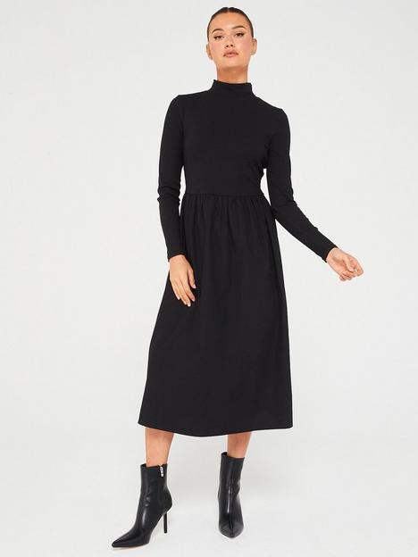 v-by-very-high-neck-woven-hem-dress-black
