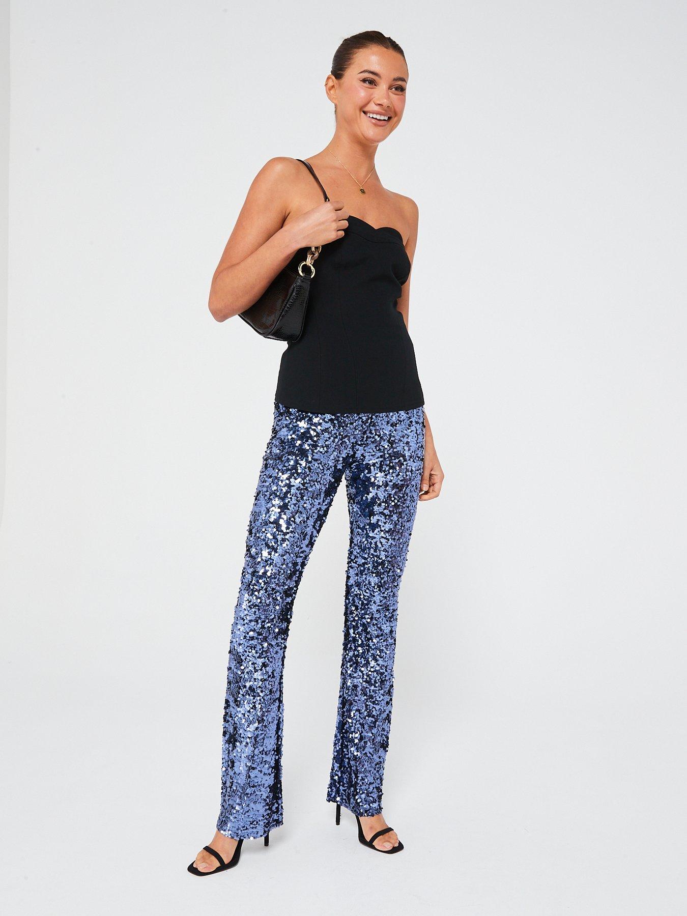 Navy Sequin Kick Flare Trousers