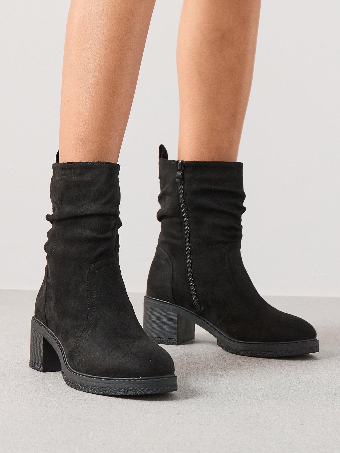 V by Very Extra Wide Slouch Calf Boot With Bock Heel - Black