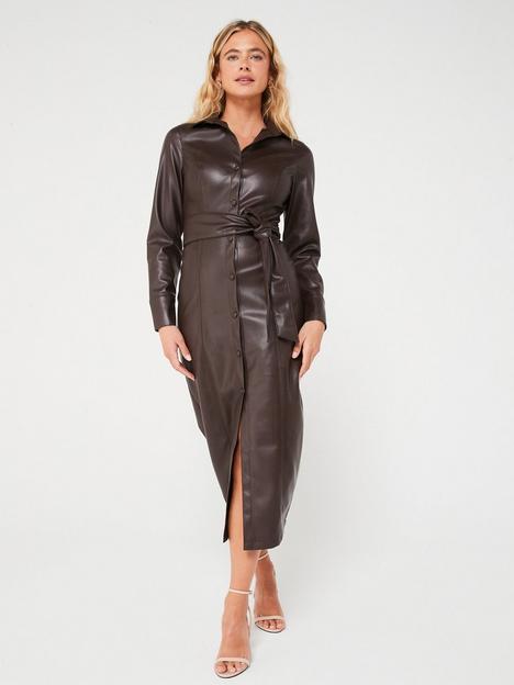 v-by-very-long-sleeve-pu-wrap-over-belted-midi-dress-brown