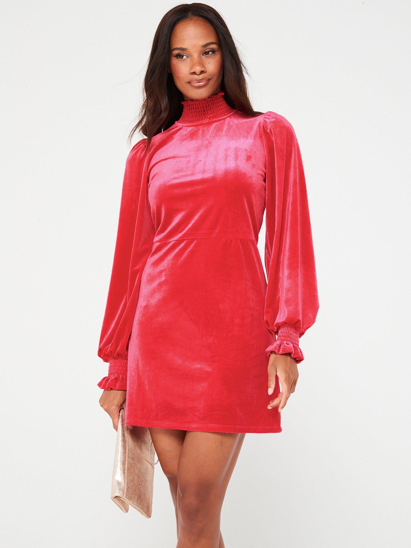 Red Dress Pink Fuchsia Velvet Long Sleeve Mini Bodycon Dress - Medium