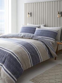 Product photograph of Catherine Lansfield Textured Banded Stripe Duvet Cover Set - Blue from very.co.uk