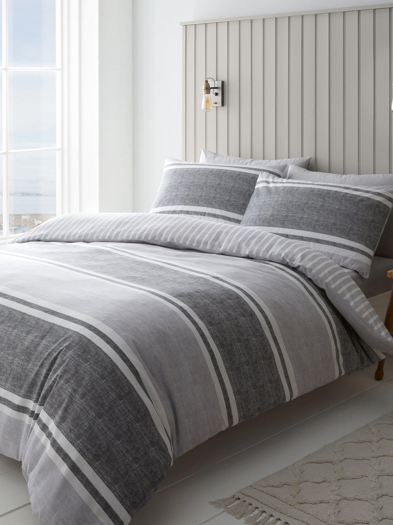 Product photograph of Catherine Lansfield Textured Banded Stripe Duvet Cover Set - Charcoal from very.co.uk