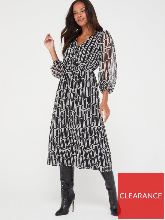 front image of v-by-very-long-sleeve-midi-dress--geo-print