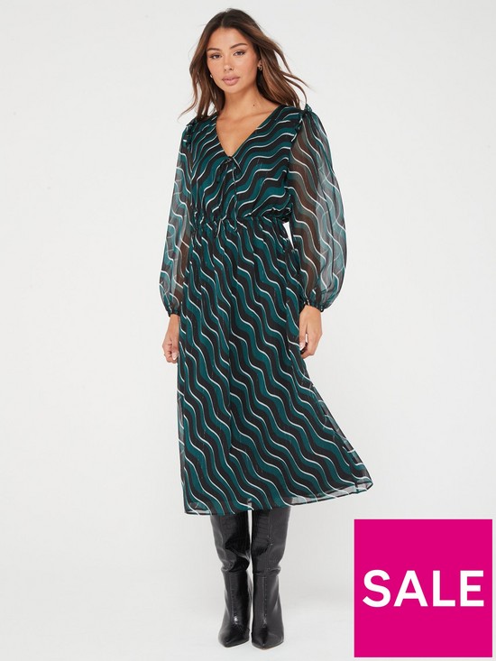 front image of v-by-very-long-sleeve-midi-dress--wave-print