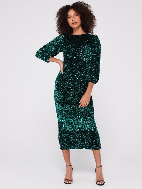 v-by-very-puff-sleeve-sequin-midi-dress-green