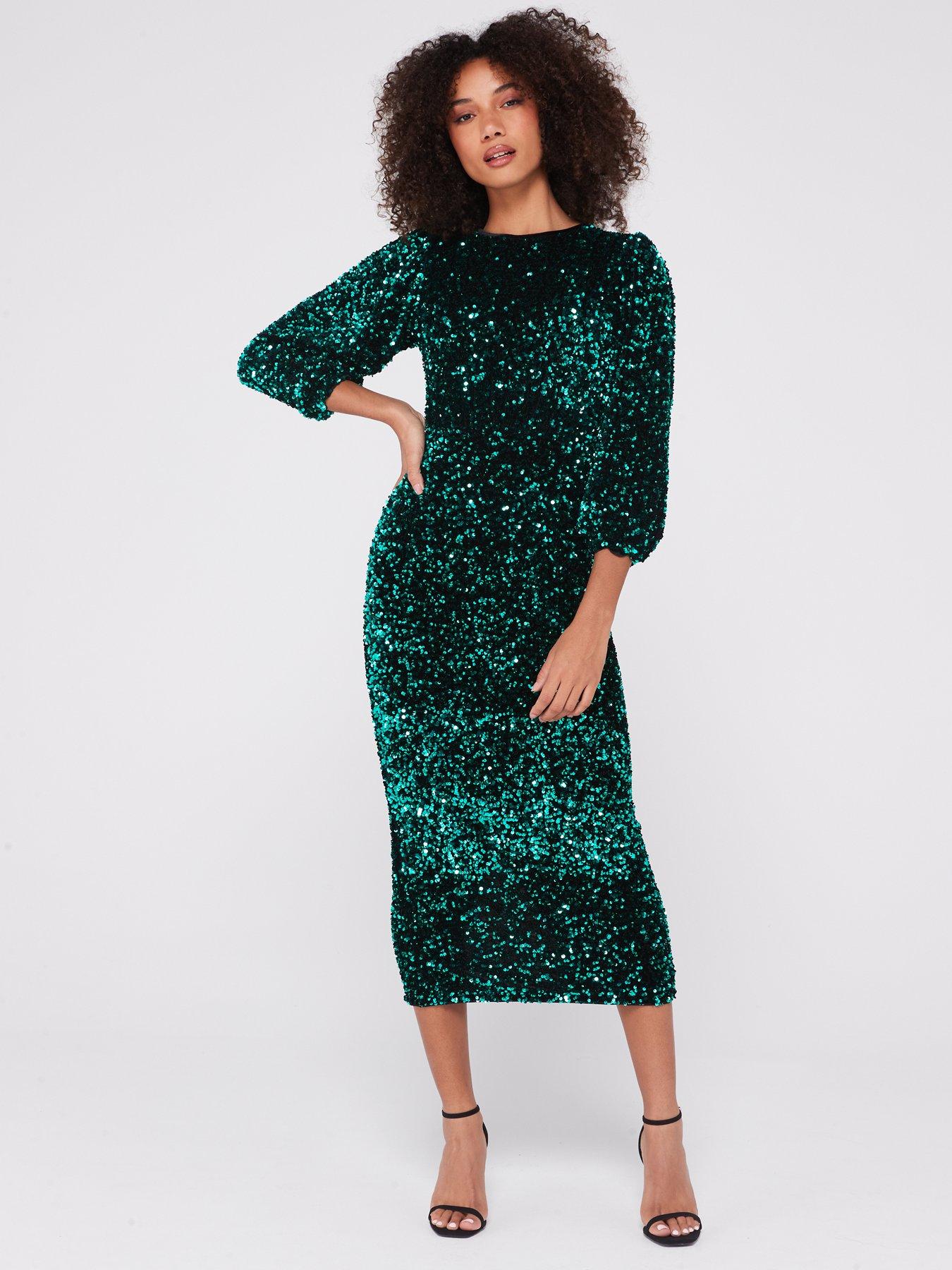 V by Very Puff Sleeve Sequin Midi Dress - Green