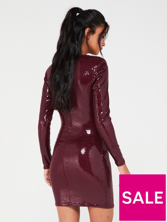 stillFront image of v-by-very-long-sleeve-twist-front-sequin-mini-dress-burgundy