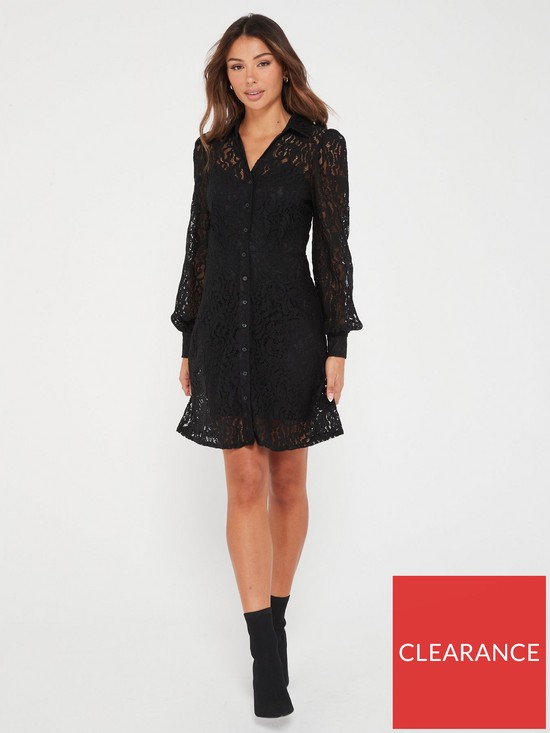 front image of v-by-very-long-sleeve-all-over-lace-button-through-mini-dress-black