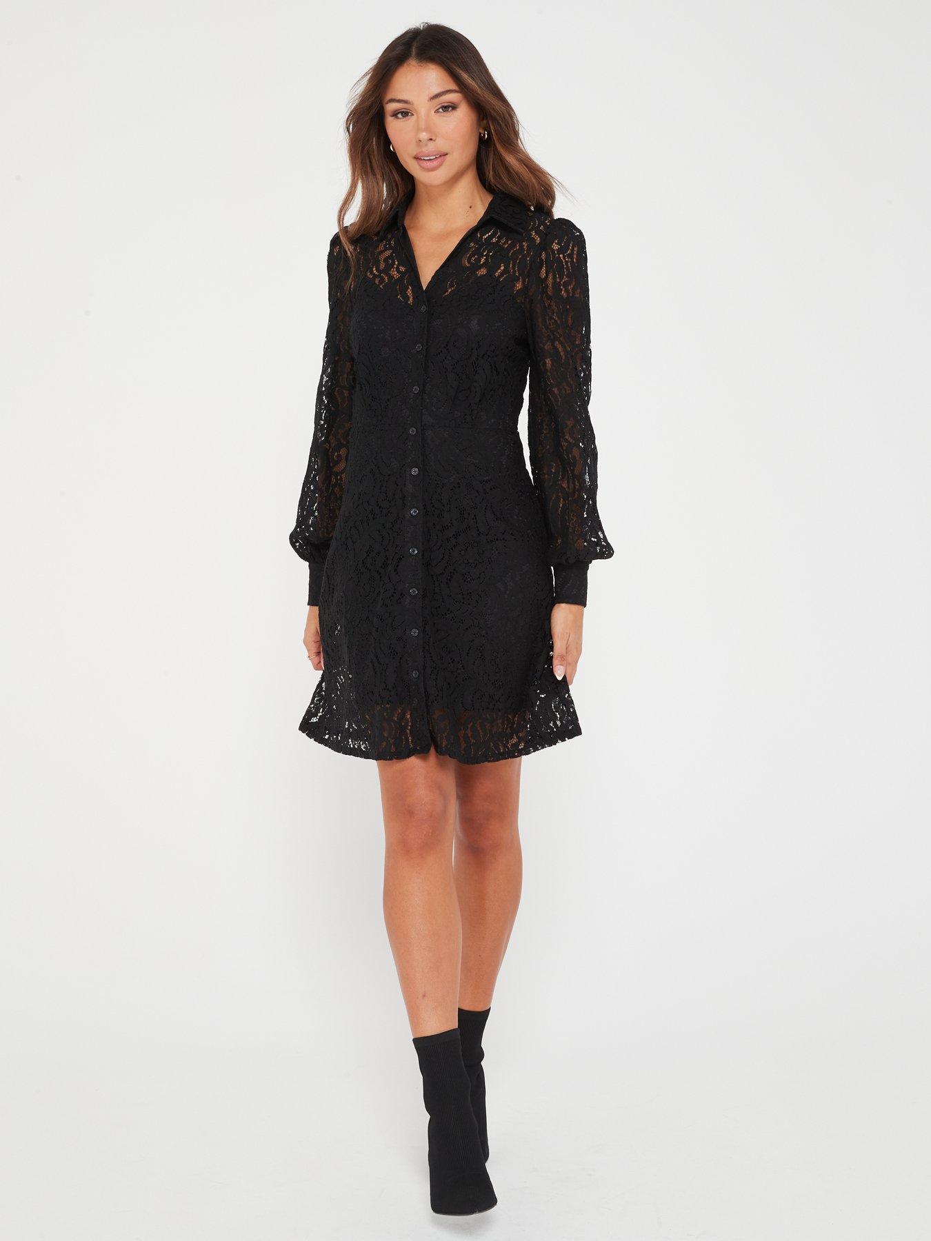 V by Very Long Sleeve All Over Lace Button Through Mini Dress - Black