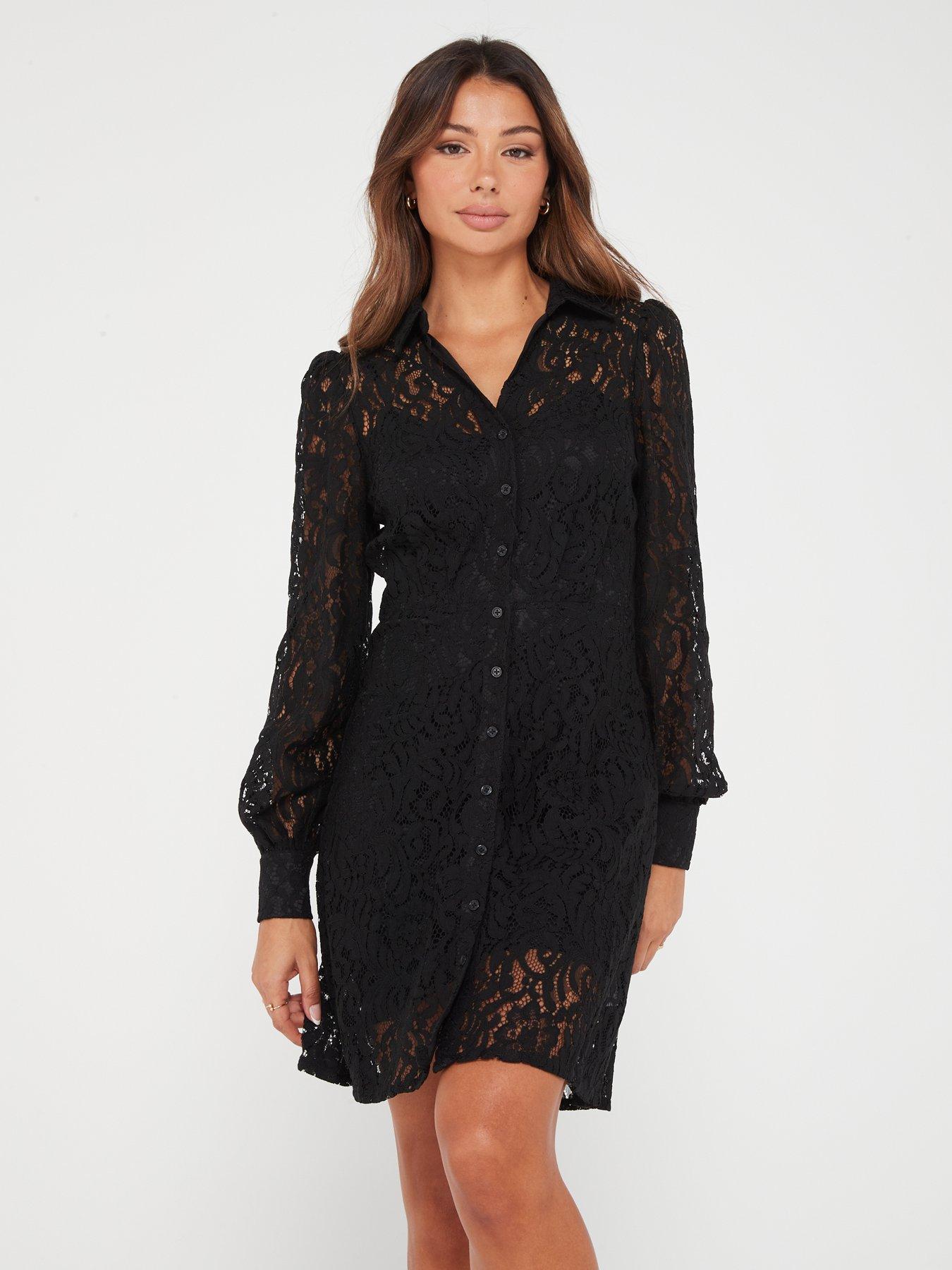 Long buttoned black lace dress