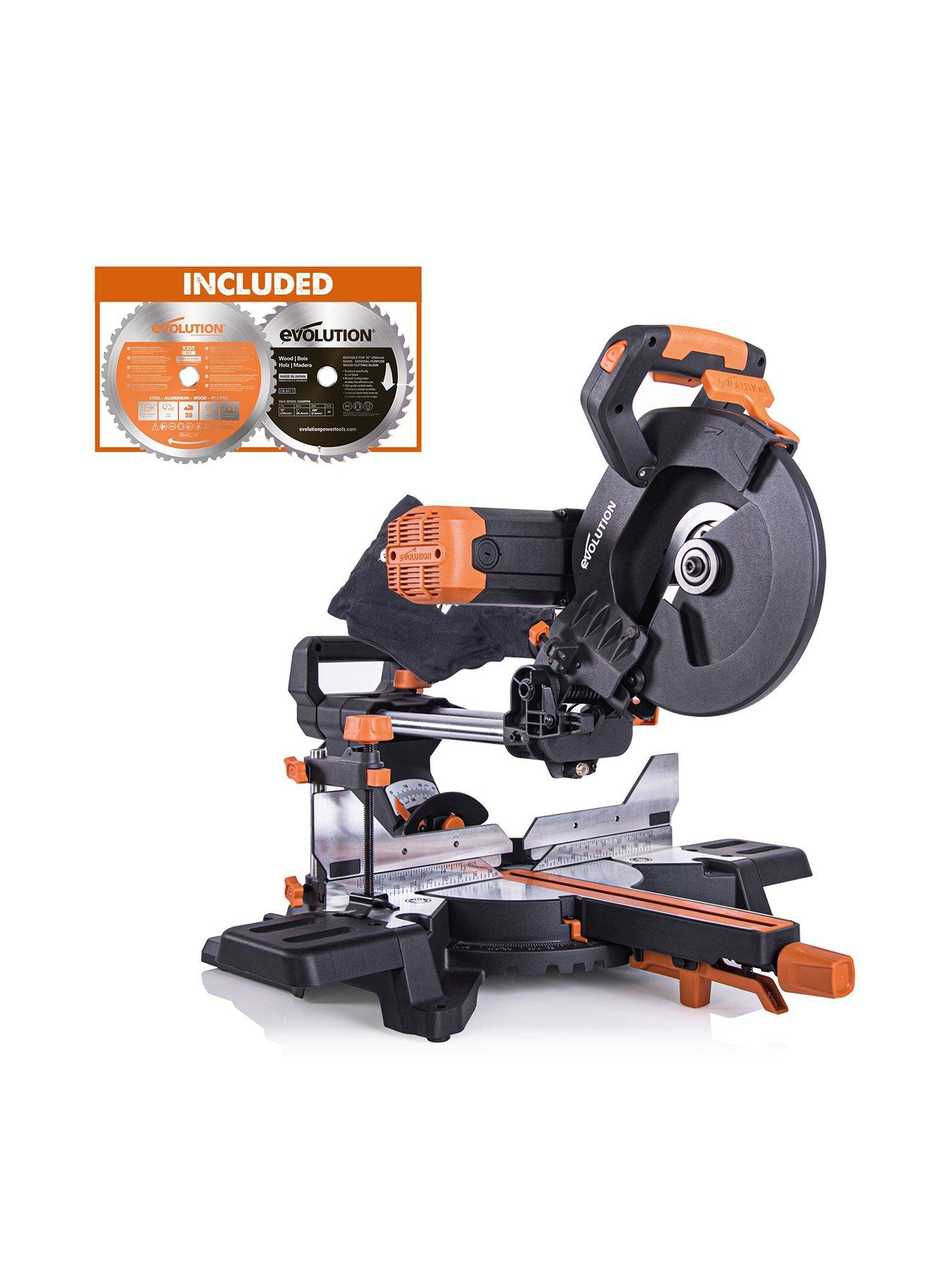 Product photograph of Evolution R255sms-db Pro-pack 255mm Multi-material Double Bevel Sliding Mitre Saw from very.co.uk
