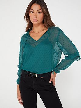 v by very sheer dobbie volume sleeve blouse - green, green, size 14, women