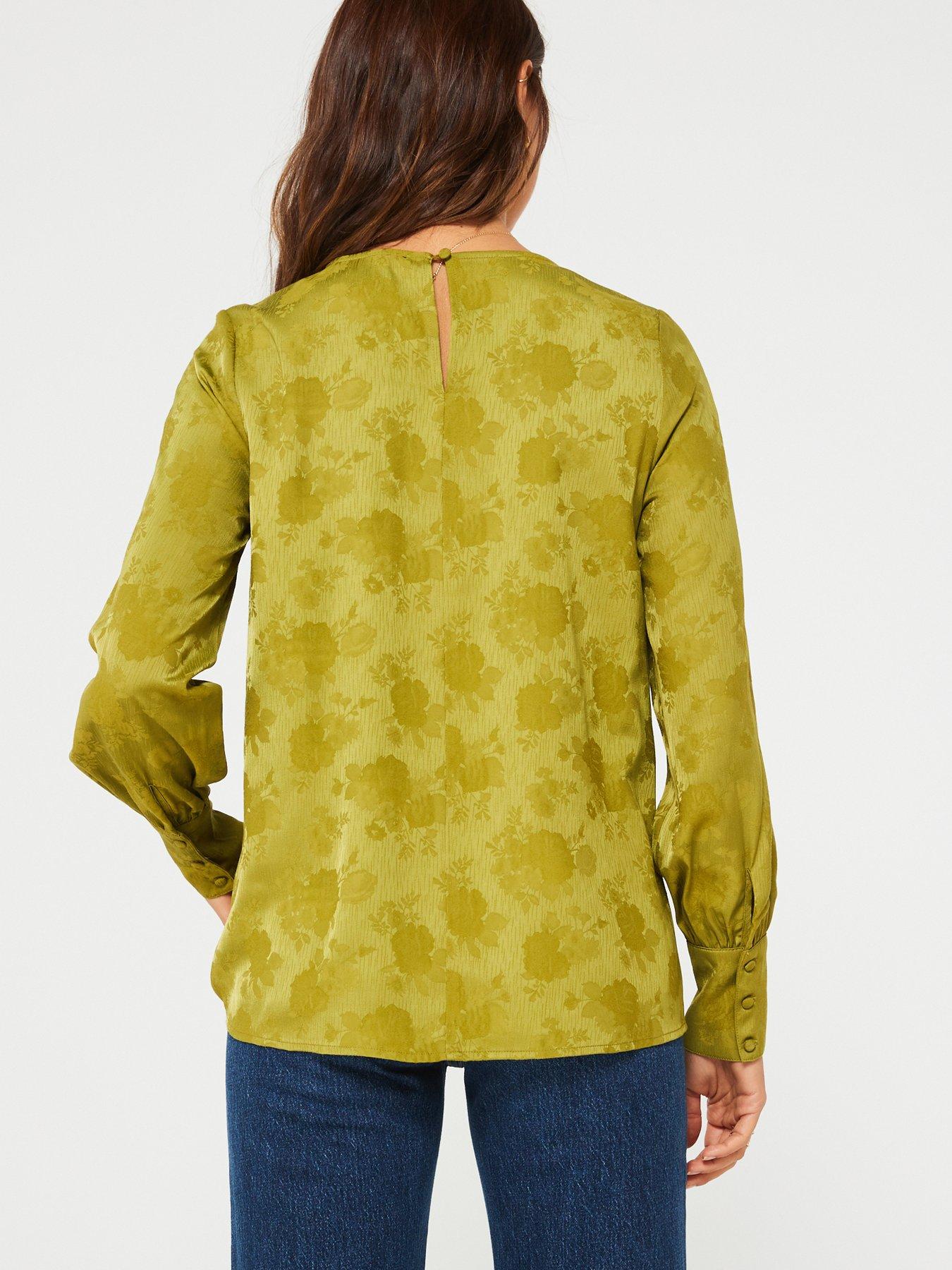 V by Very Long Sleeve Gathered Neck Jacquard Blouse - Green | very