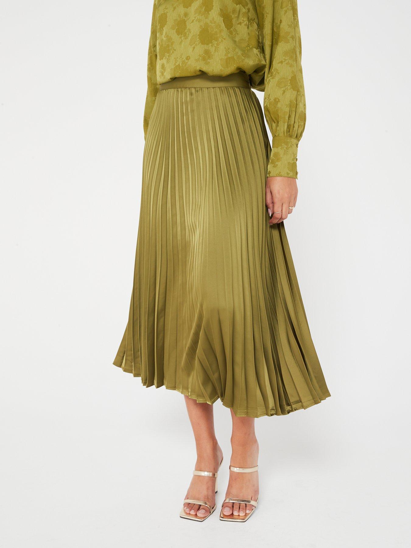 V by Very Pleated Satin Midi Skirt Green