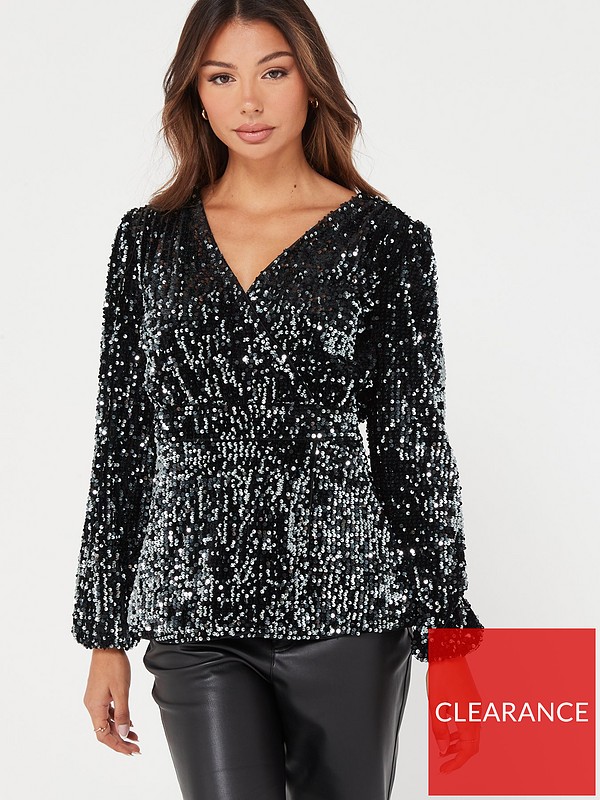 Sequin Wrap Over Long Sleeve Top