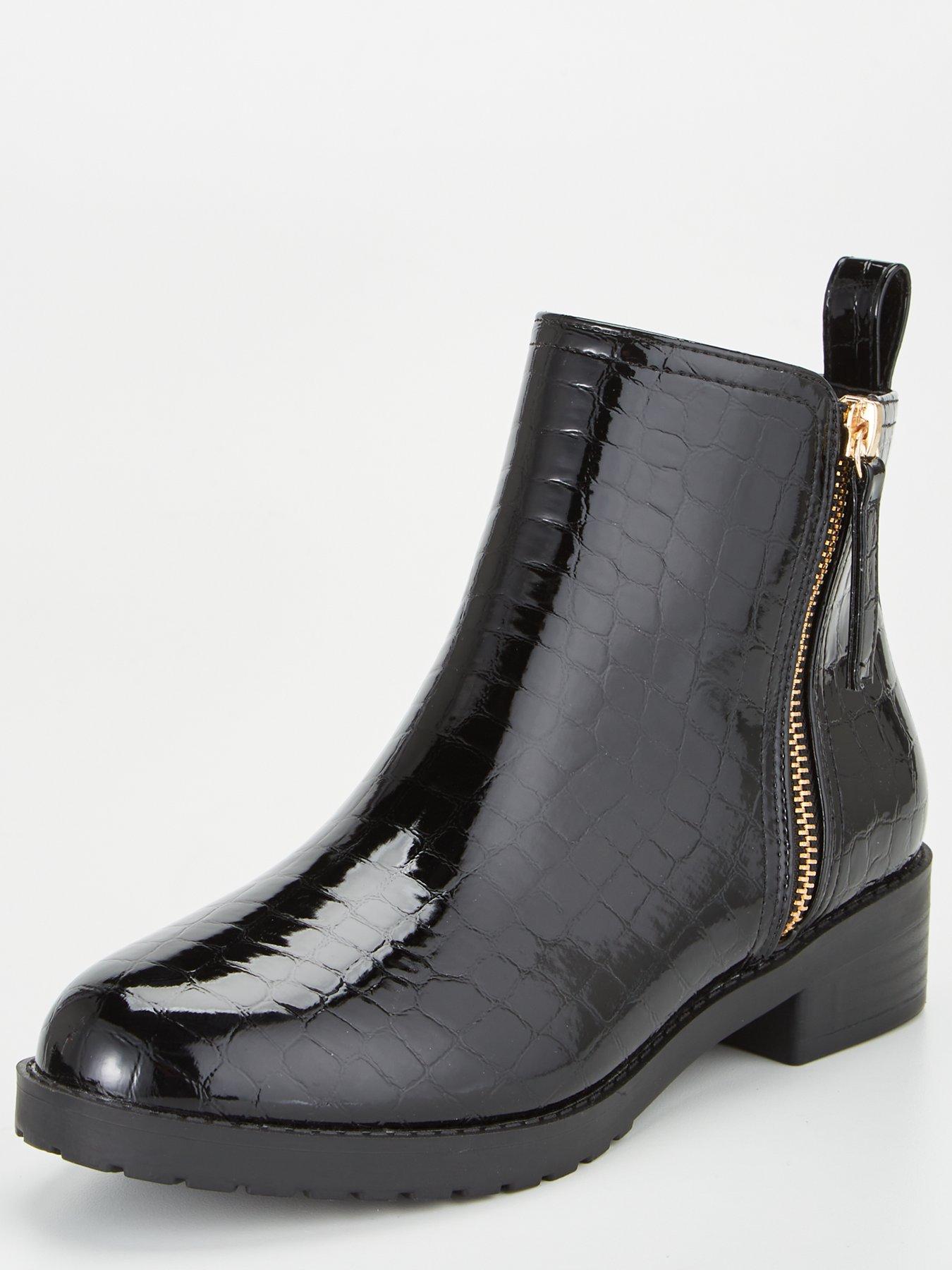 Wide Fit Patent Chunky Zip Ankle Boot Black