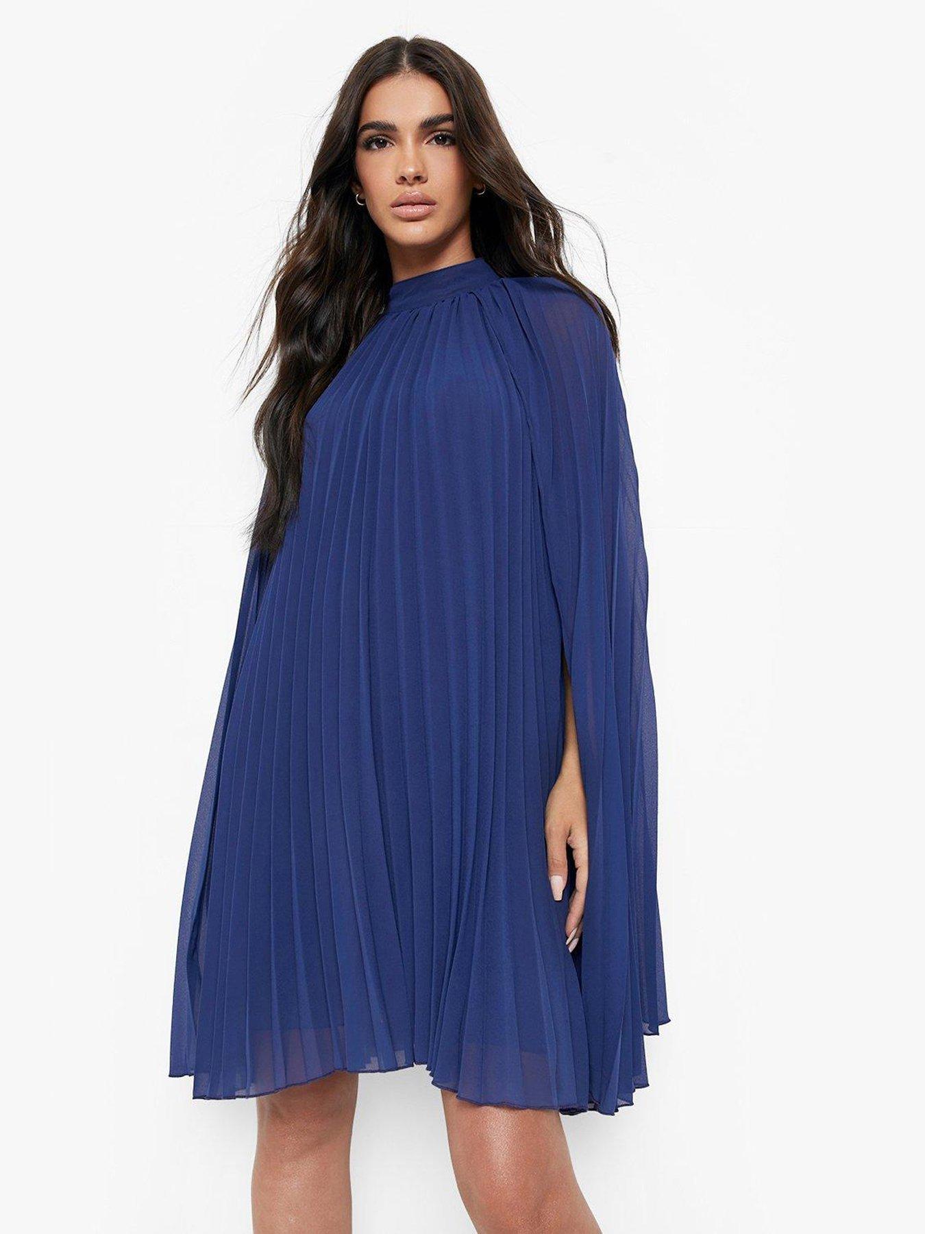 Boohoo Pleated Cape Swing Dress - Navy | very.co.uk