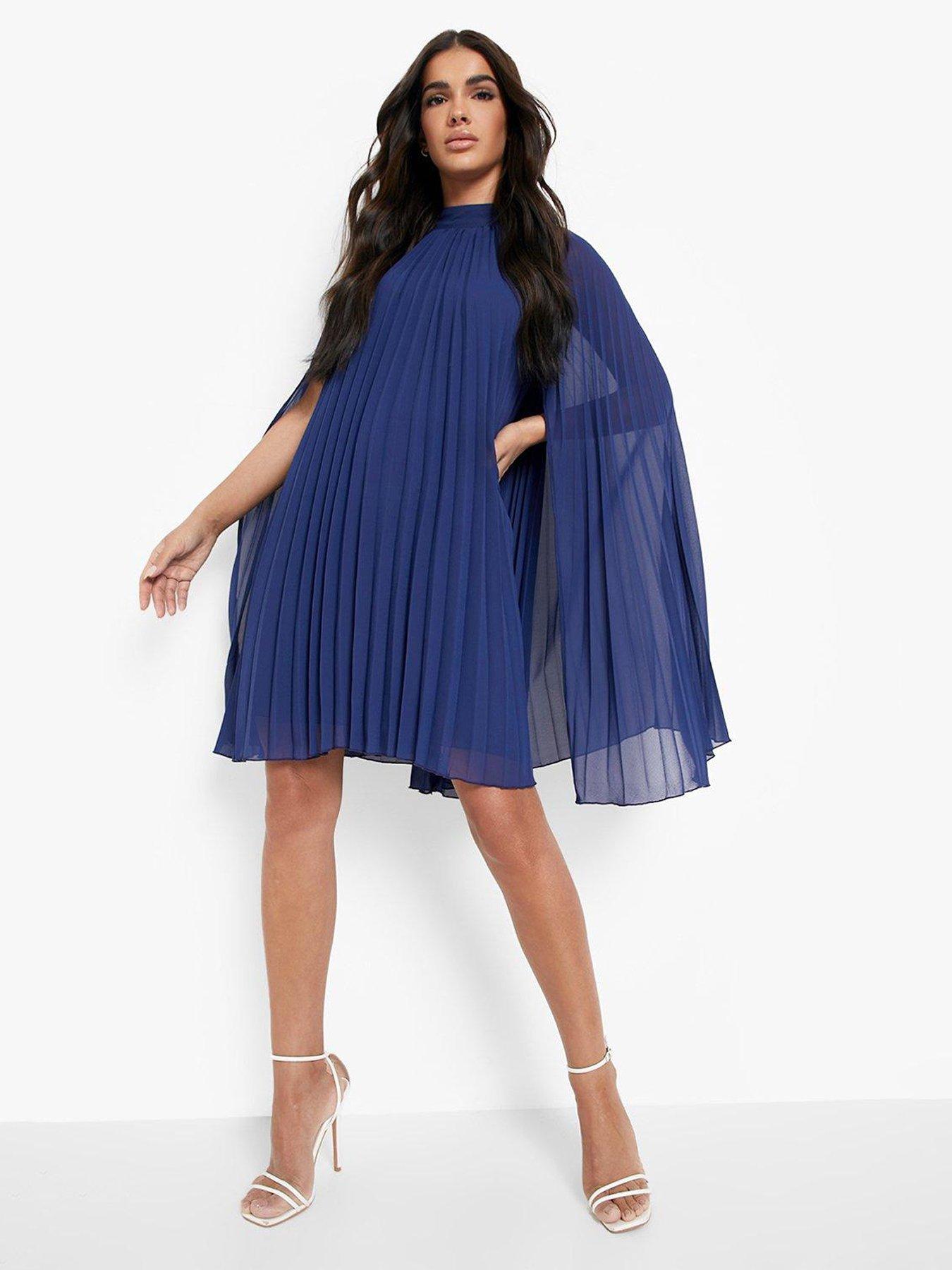 Boohoo Pleated Cape Swing Dress - Navy | very.co.uk