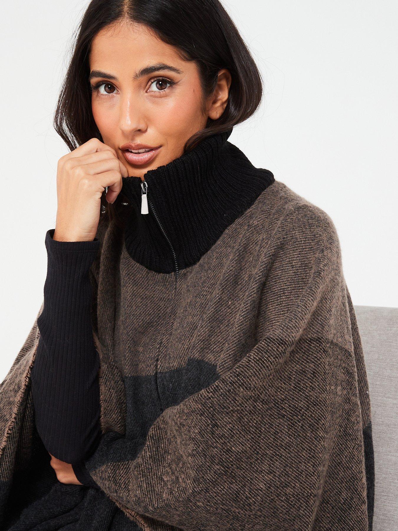 V by Very Colour Block High Neck Poncho - Brown | Very.co.uk