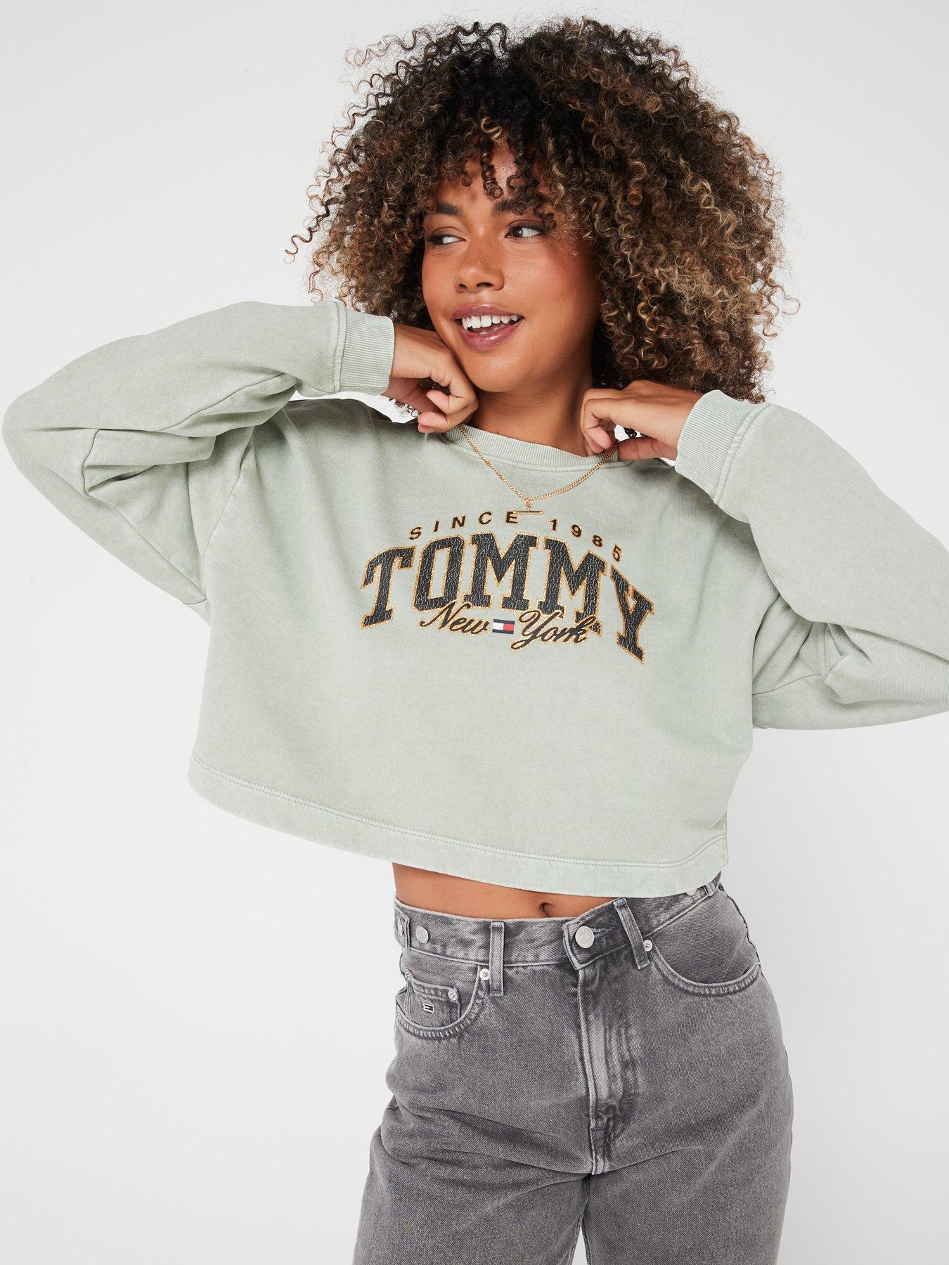 Tommy Jeans Gold Foil Logo Varsity Crop Sweatshirt - Beige | very.co.uk
