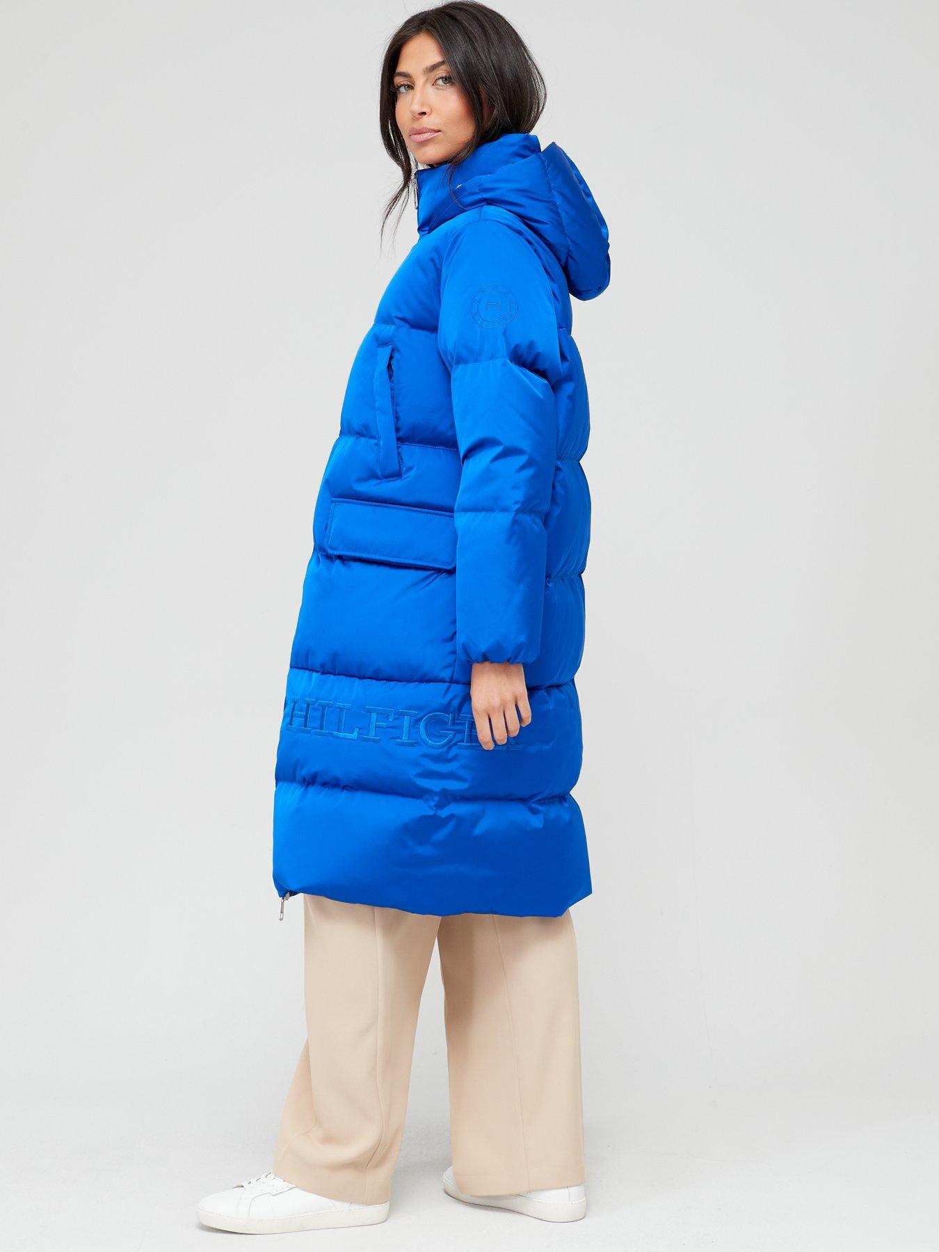 Longline Sateen Hooded Down Jacket Blue