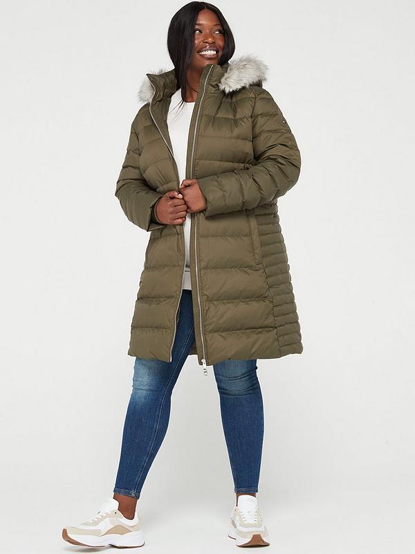 Tommy Hilfiger Curve Tyra Down Faux Fur Hooded Jacket - Green | Very.co.uk