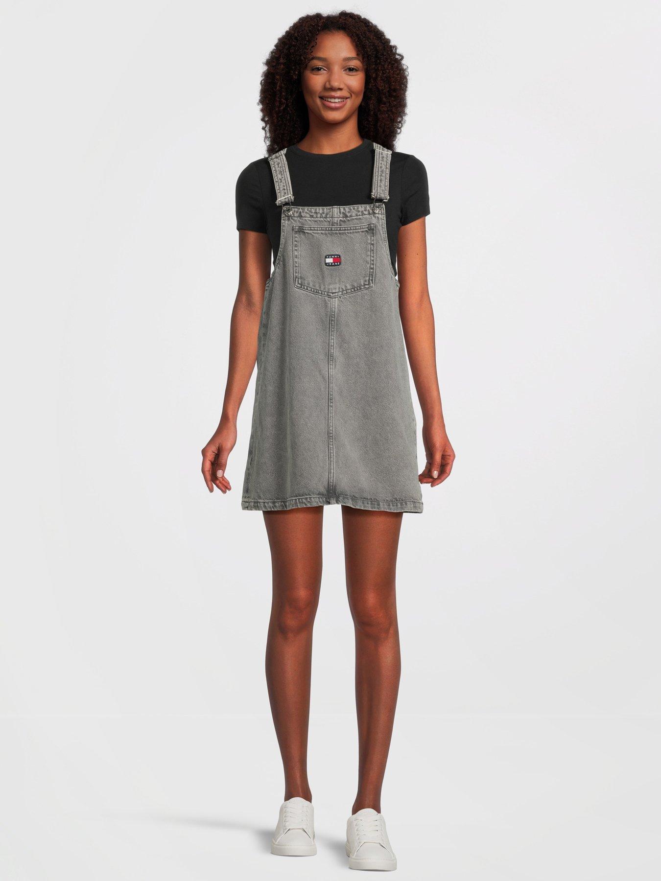 Tommy Jeans Denim Pinafore Flag Logo Dress Grey very