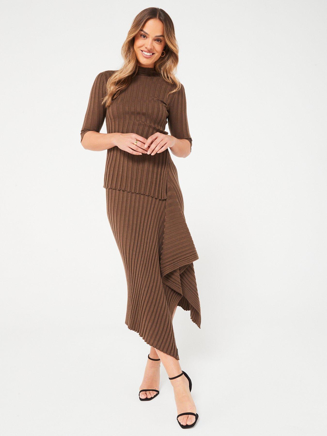 Asymmetric Knitted Midi Skirt - Brown