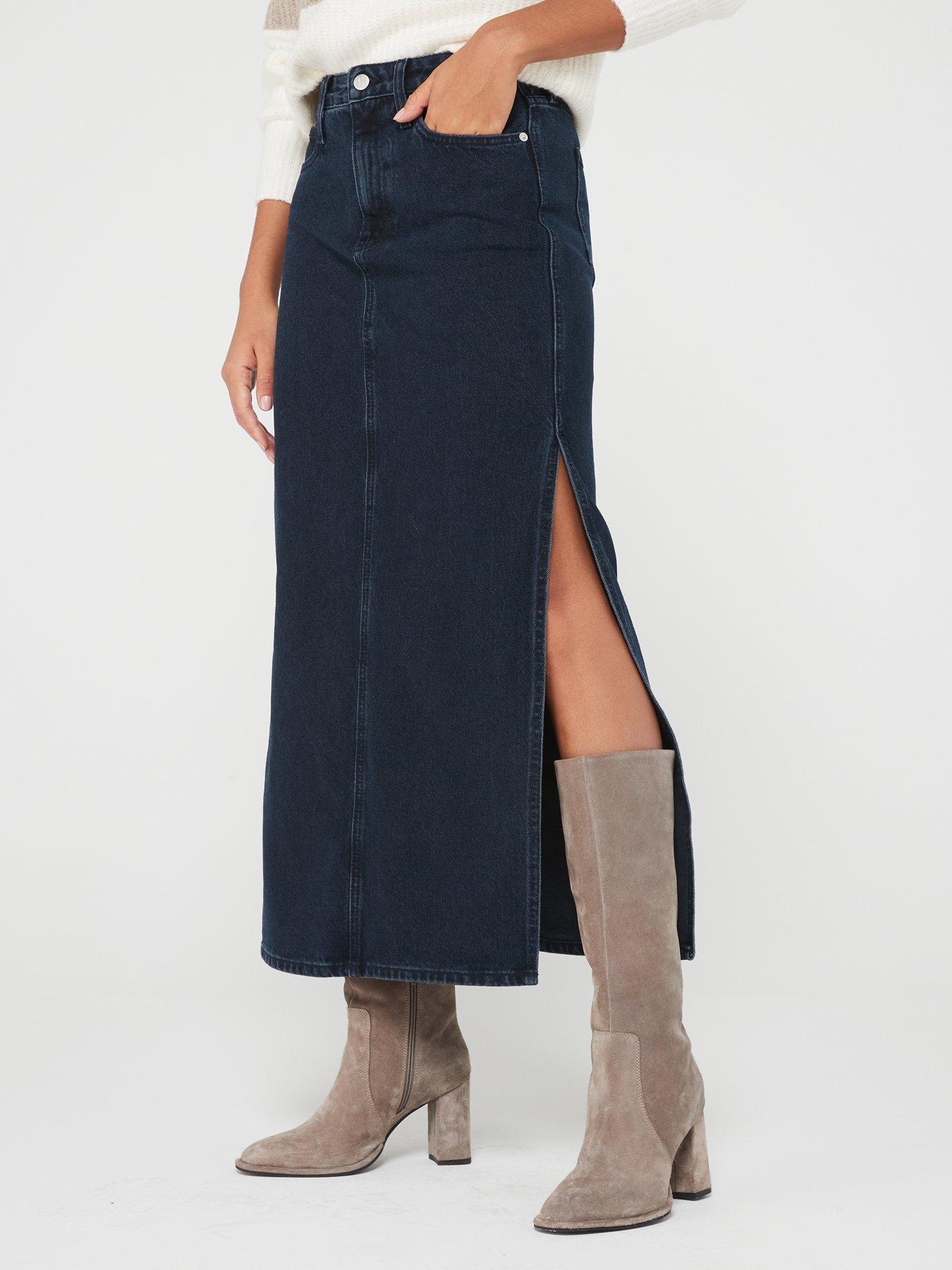 Denim Split Leg Maxi Skirt Blue