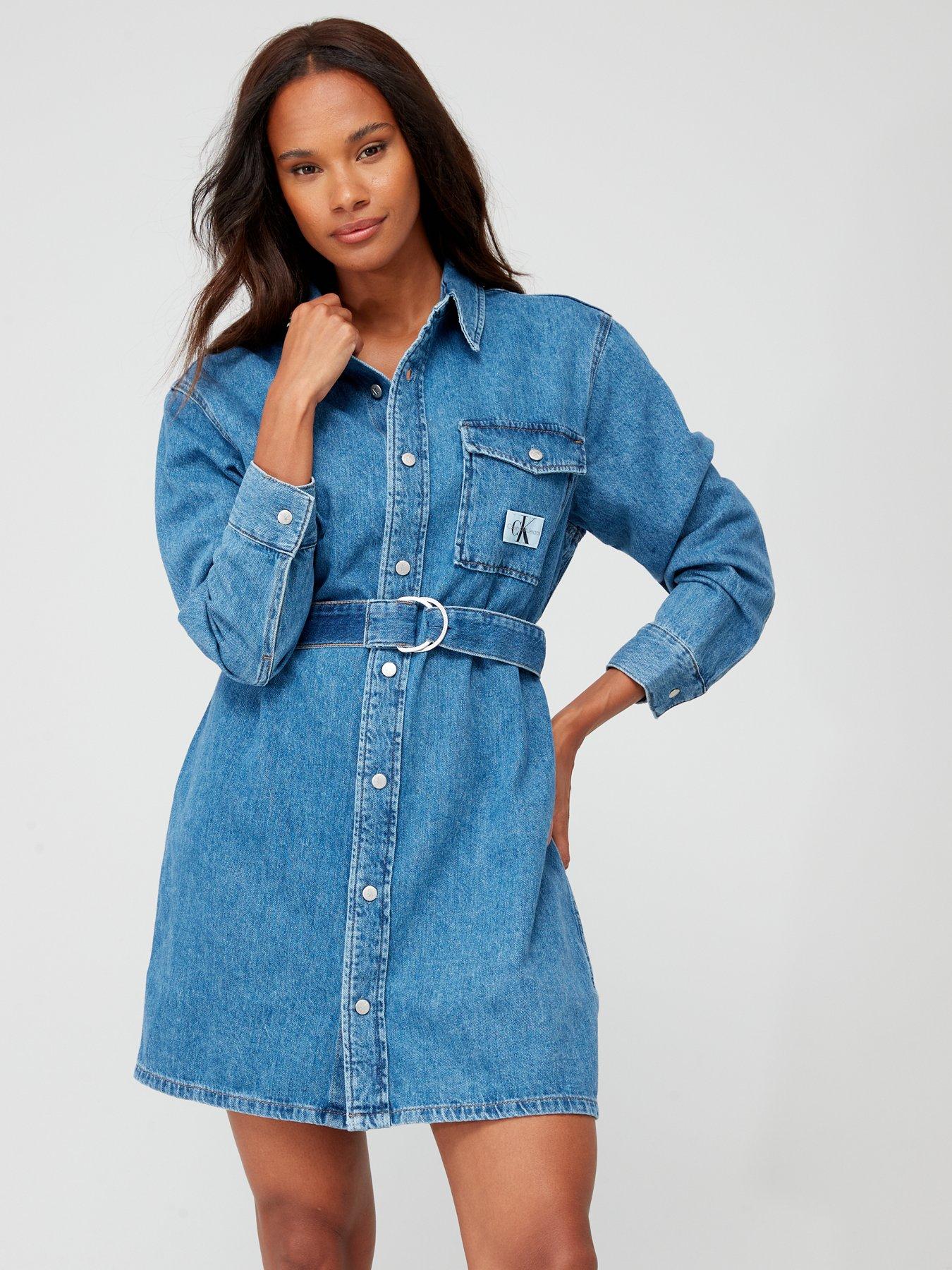 Belted Long Sleeve Utility Denim Shirt Dress - Blue