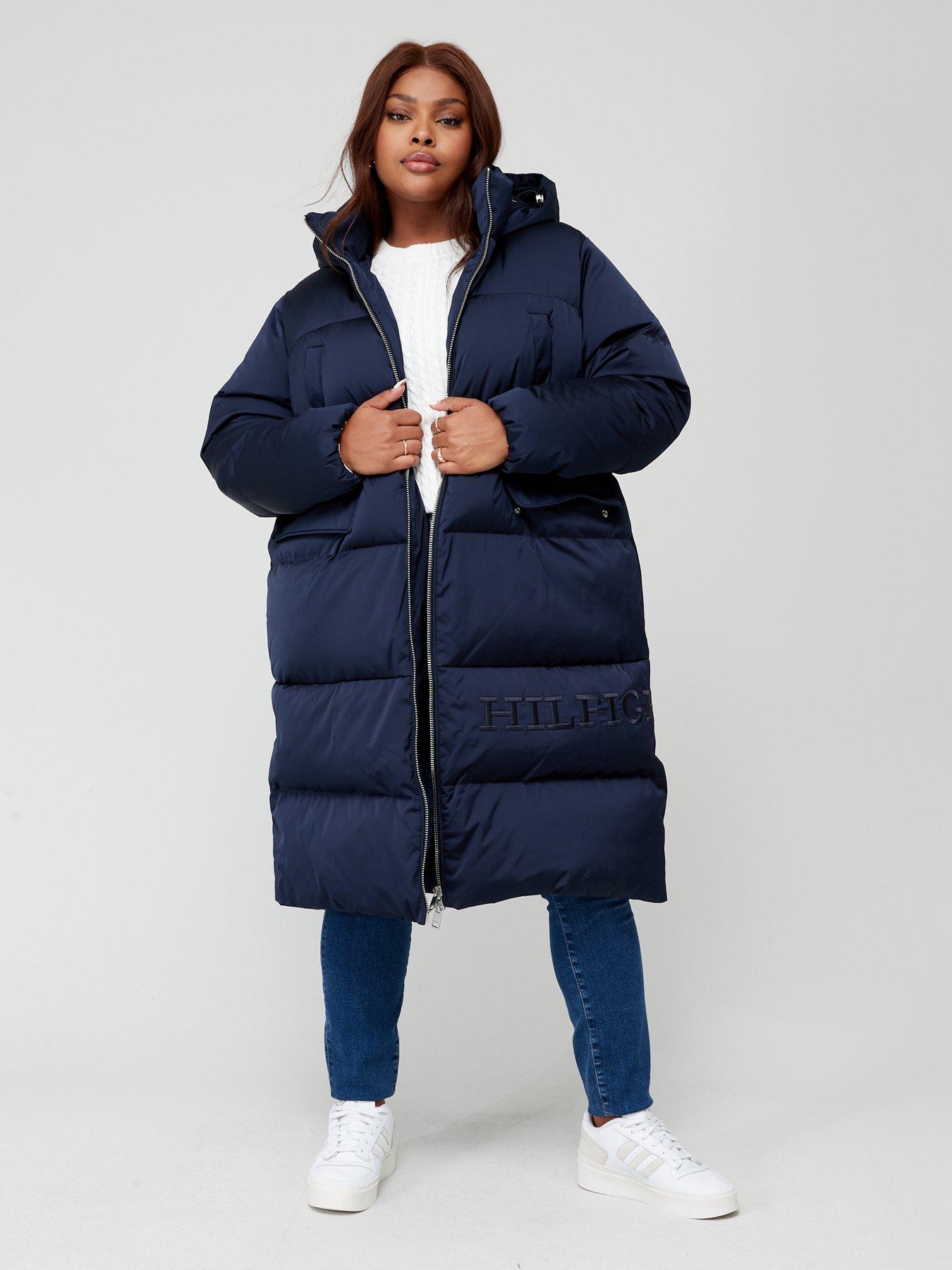 Curve Satin Hooded Down Padded Coat Navy Blue