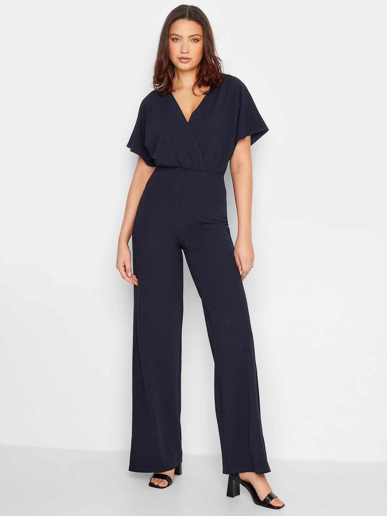 Tara Angel Sleeve Shine Plisse Cropped Leg Jumpsuit - Black