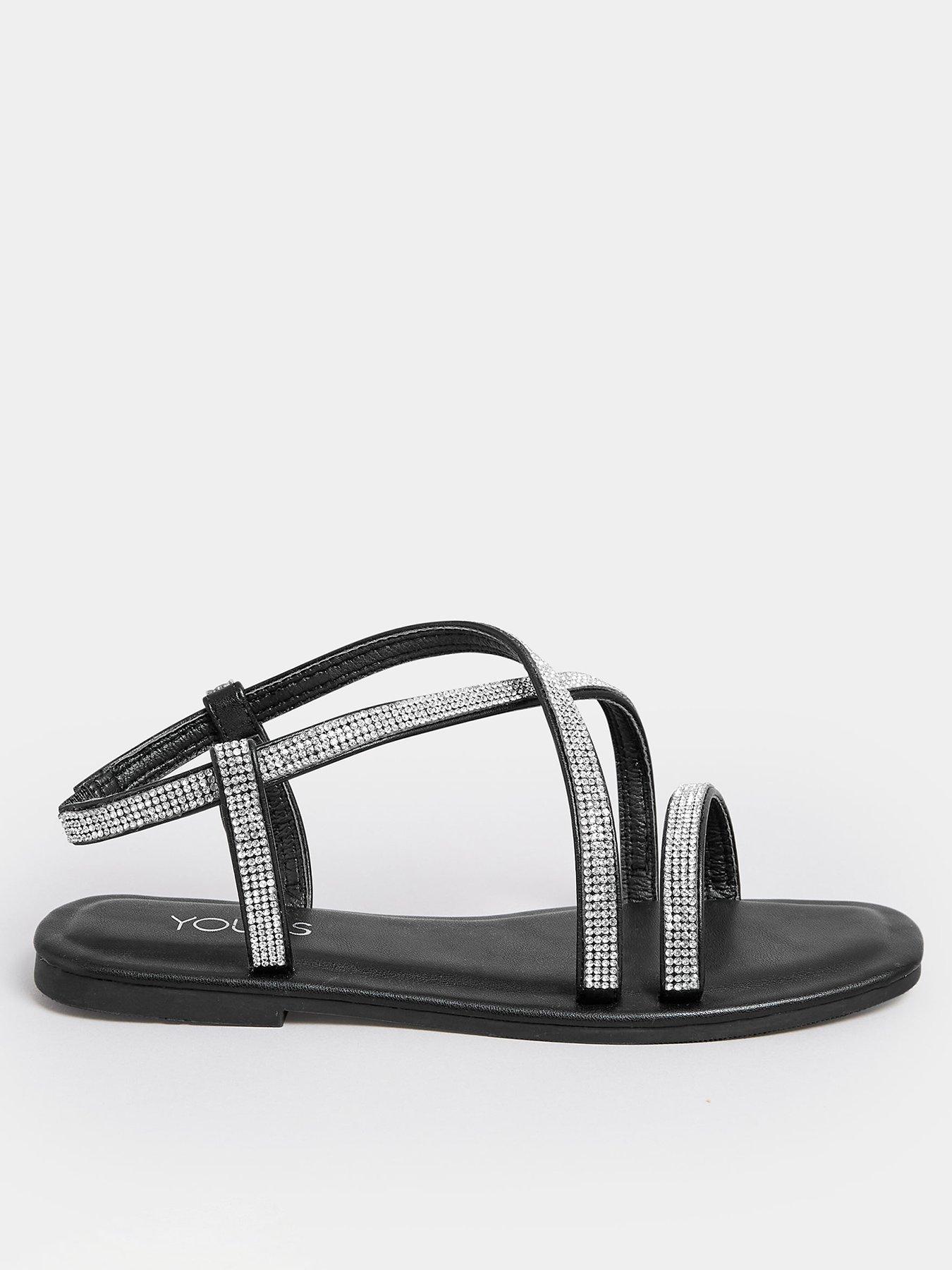 Wide Fit Silver Leather Diamanté Flip Flops