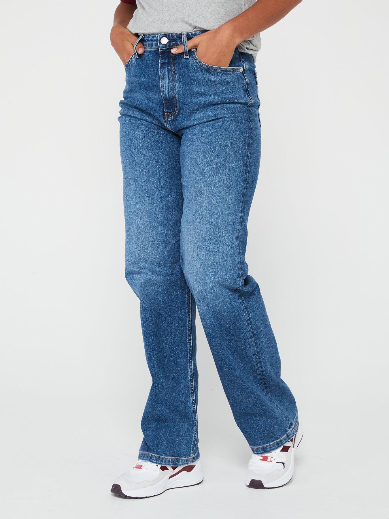 Blue high waisted relaxed straight leg jeans