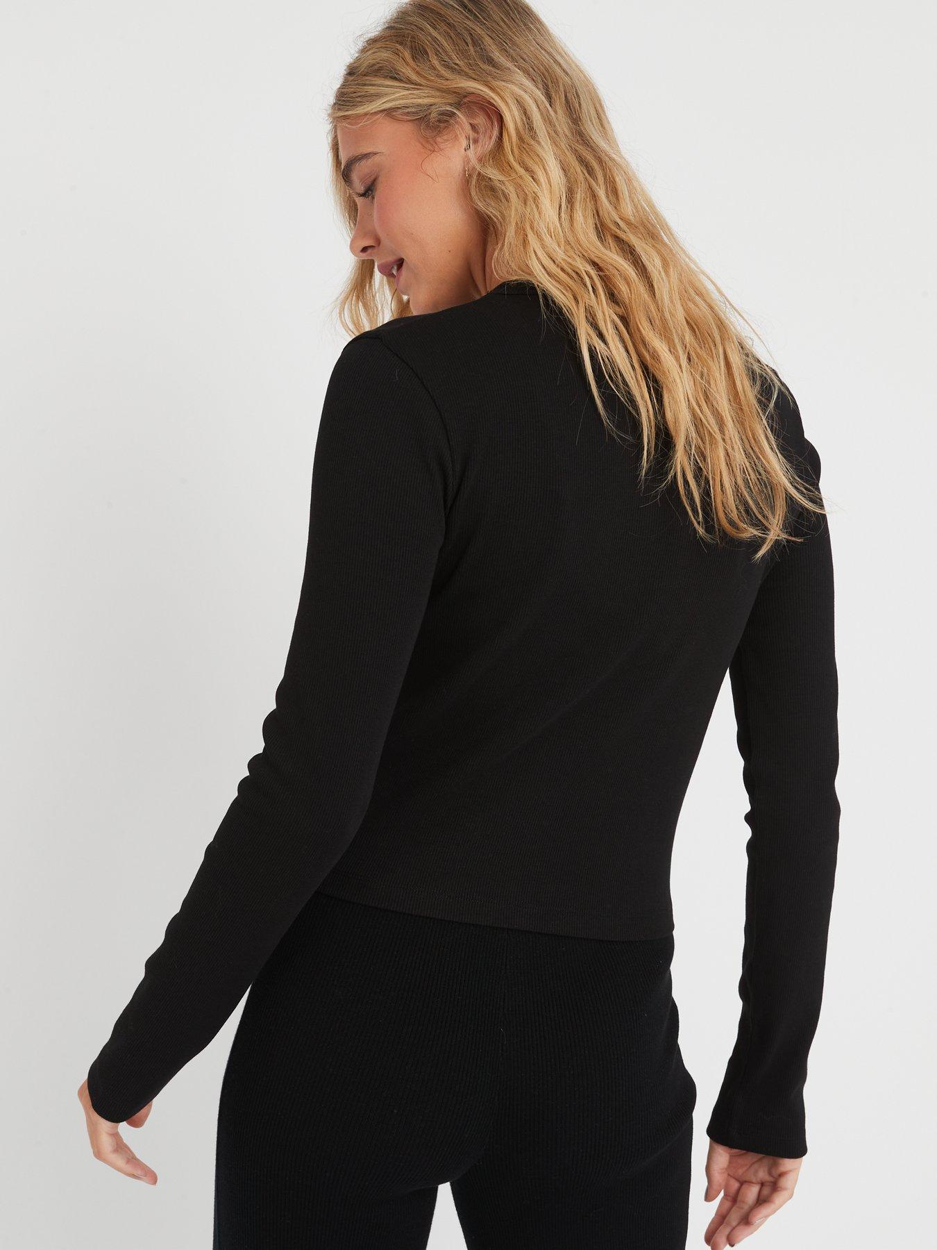 Calvin Klein Jeans Woven Logo Ribbed Long Sleeve Top - Black