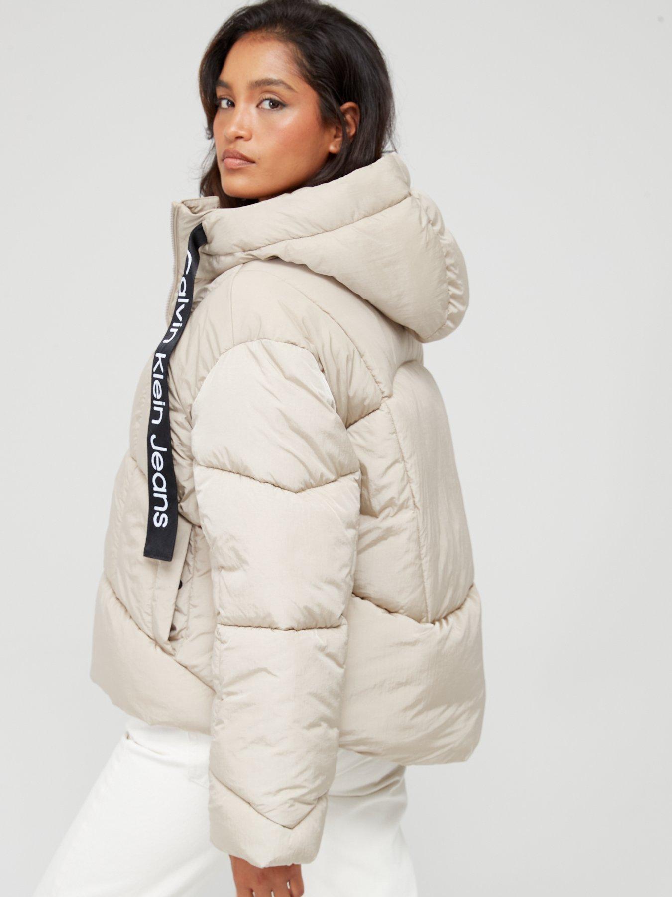 Logo Drawstring Short Puffer Coat - Taupe