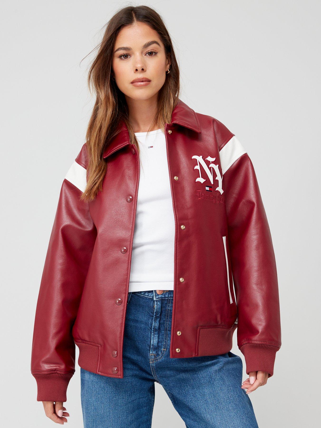 Faux Leather Grunge Logo Bomber Jacket - Red