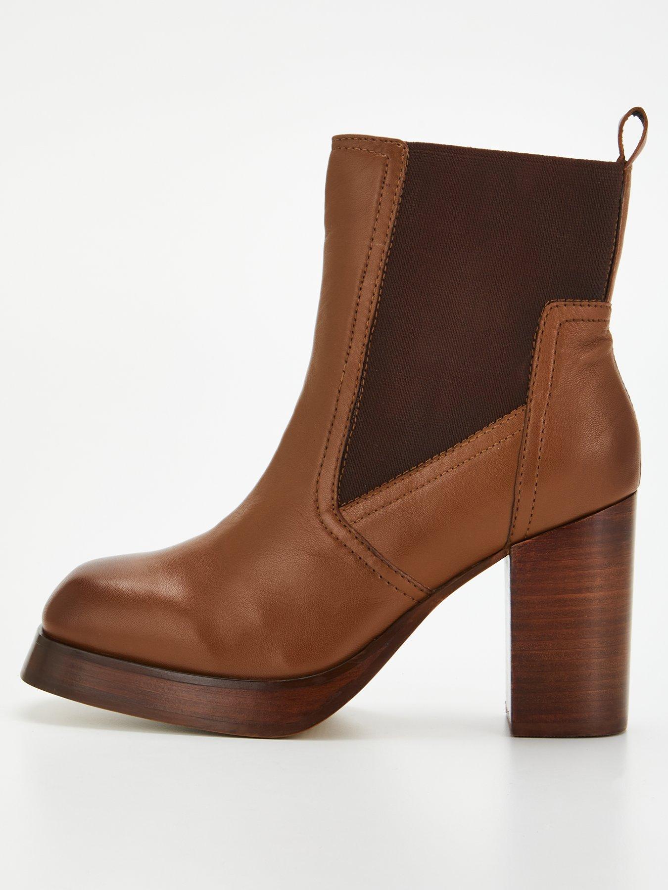 Real Leather Platform Chelsea Boot With Stack Heel Brown