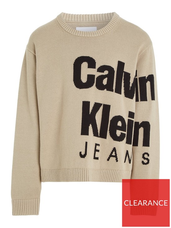 front image of calvin-klein-jeans-boys-blown-up-logo-layers-sweater-plaza-taupe