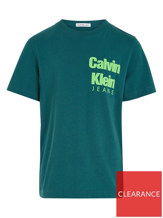 front image of calvin-klein-jeans-boys-mini-blown-up-logo-short-sleeve-t-shirt-atlantic-deep-dark-green