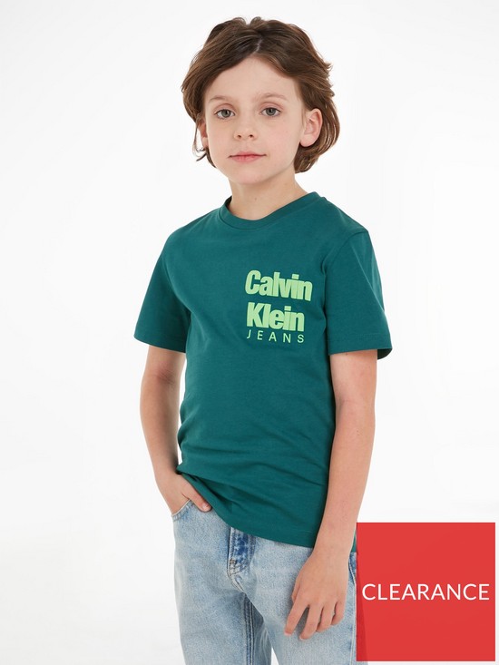 stillFront image of calvin-klein-jeans-boys-mini-blown-up-logo-short-sleeve-t-shirt-atlantic-deep-dark-green