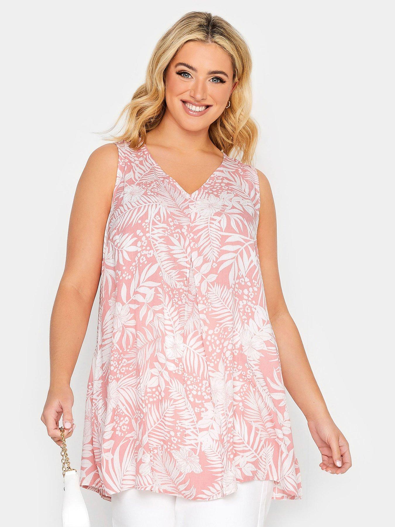 Yours Tropical Print Pleat Front Vest Top - Pink | very.co.uk