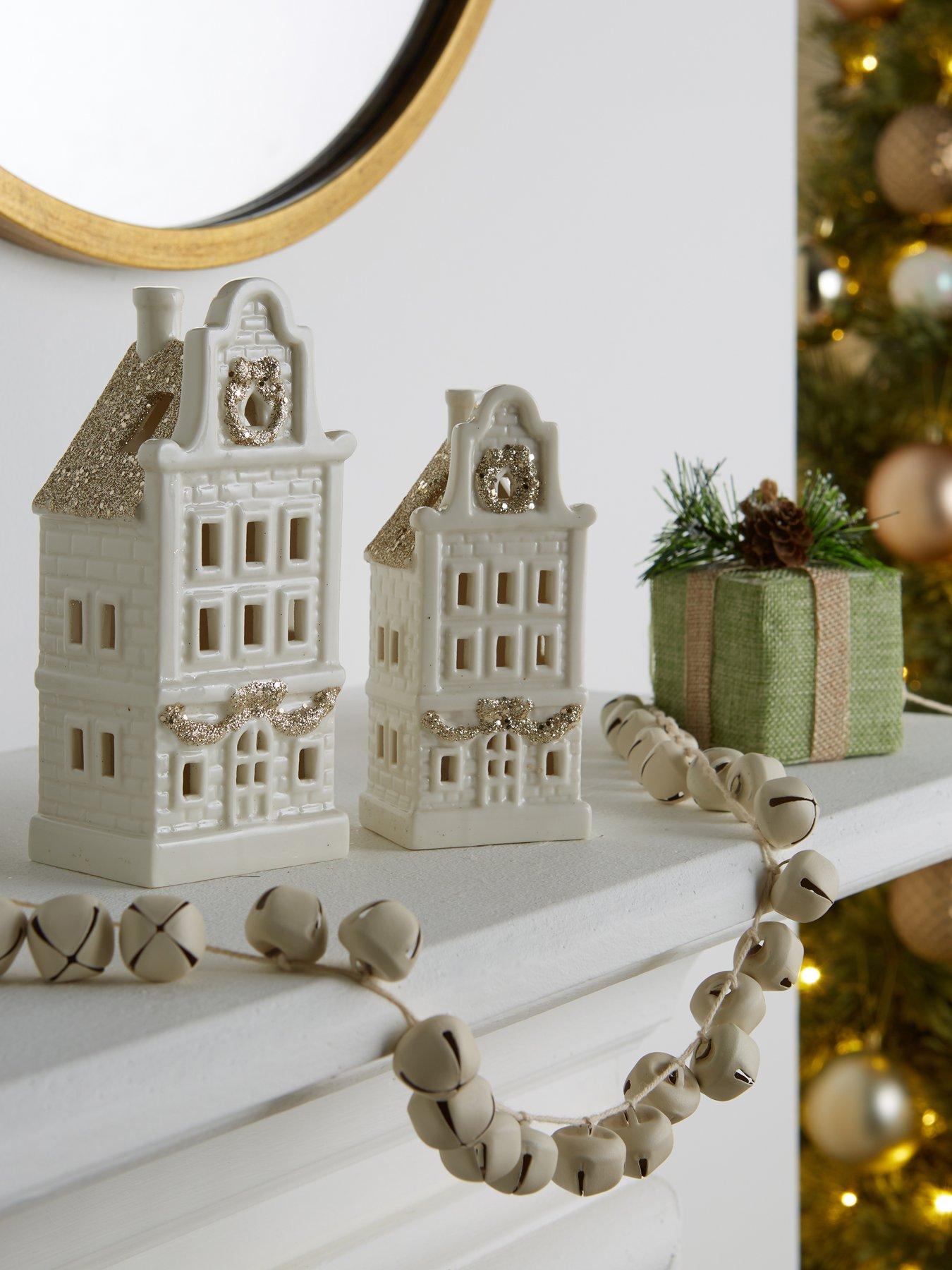 Set of 2 Lit Gold Glitter Porcelain House Christmas Decorations - White